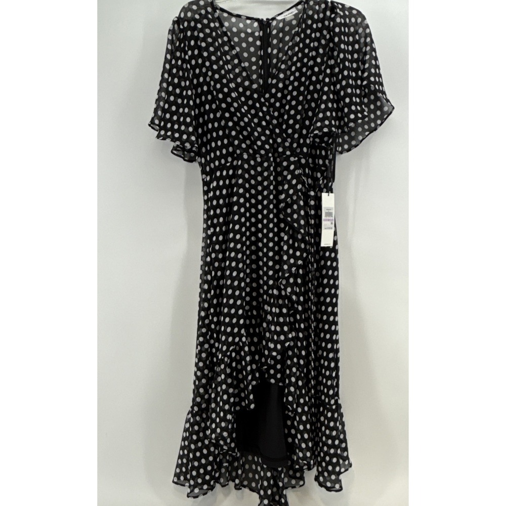 Calvin Klein Polka Dot Chiffon Wrap Dress Asymmetrical Lined Flutter NWT Size 6